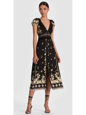 New ALICE + OLIVIA Lace-trimmed floral-print crepe midi dress Black Green 6 $695